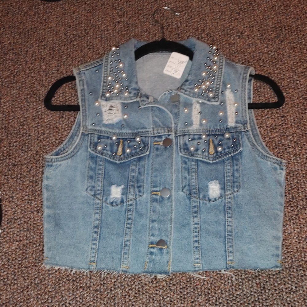Silver And Pearl Studded Denim Vest